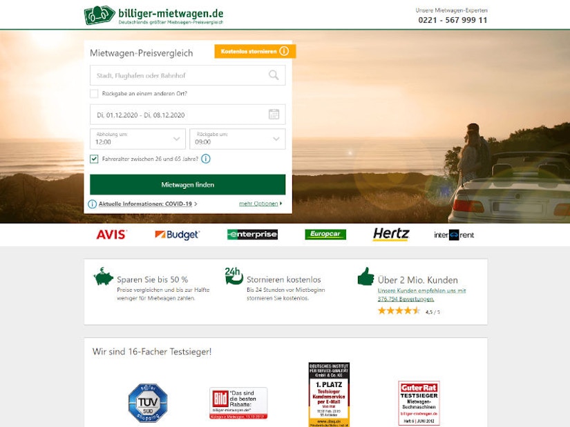 Screenshot der Webseite billiger-mietwagen.de