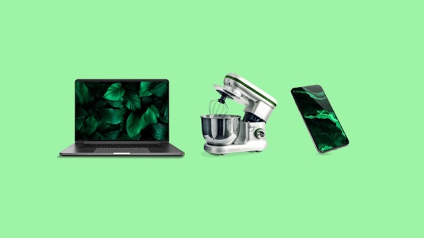 Ein grünes Bild mit Laptop, Küchenmaschine und Smartphone.