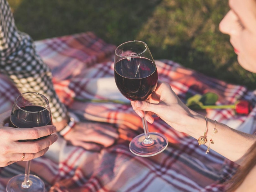 Zwei Leute haben Picknick mit Wein