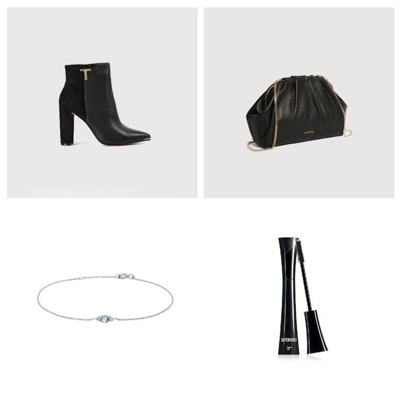 EIne Collage aus Schuhen, Tasche, Armband und Mascara