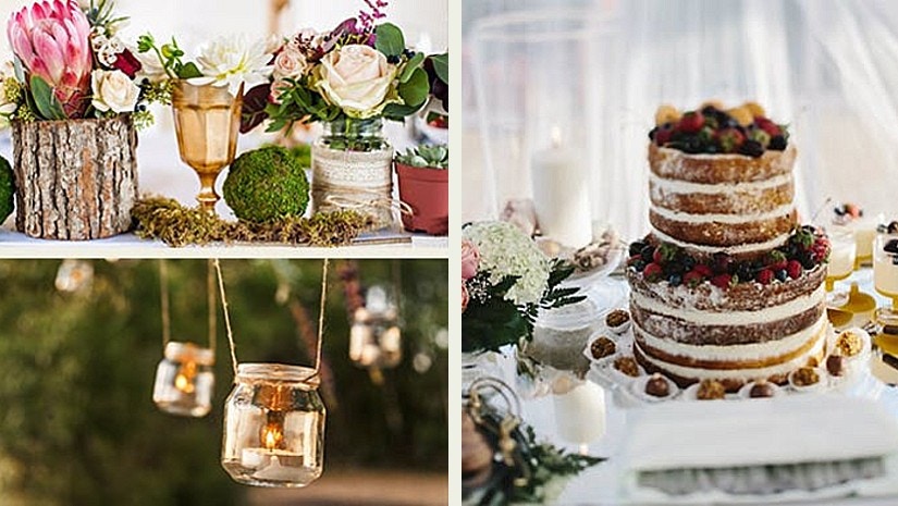Eine Kollage zum Thema Hochzeit mit Hochzeitstorte, Blumen und Kerzen.