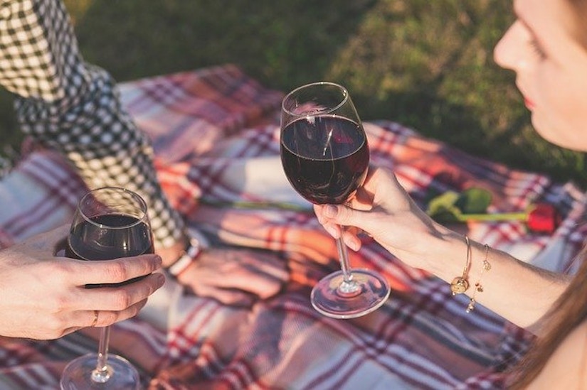 Pärchen stößt mit Rotwein auf Picknick-Decke an.