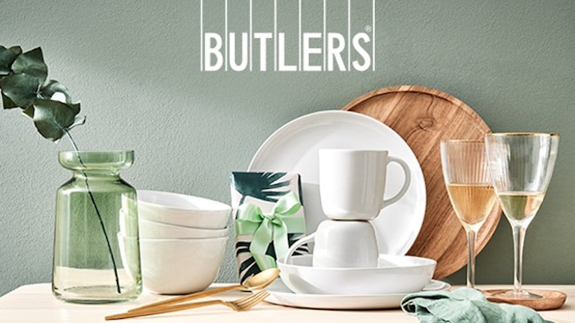 Butlers DE Logo mit Gläsern und Bechern.