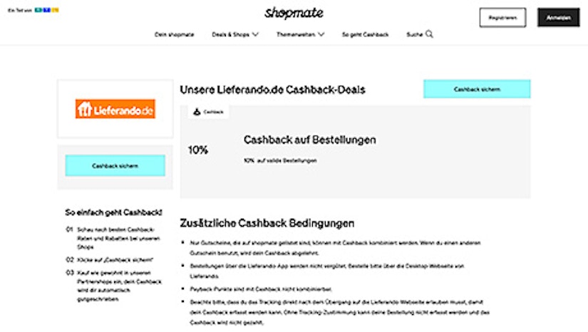 Screenshot Lieferando-Shopseite shopmate