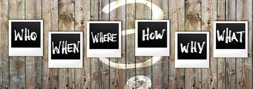 Fotos mit Fragen 'who' 'when' 'where' 'how' 'why' 'what'