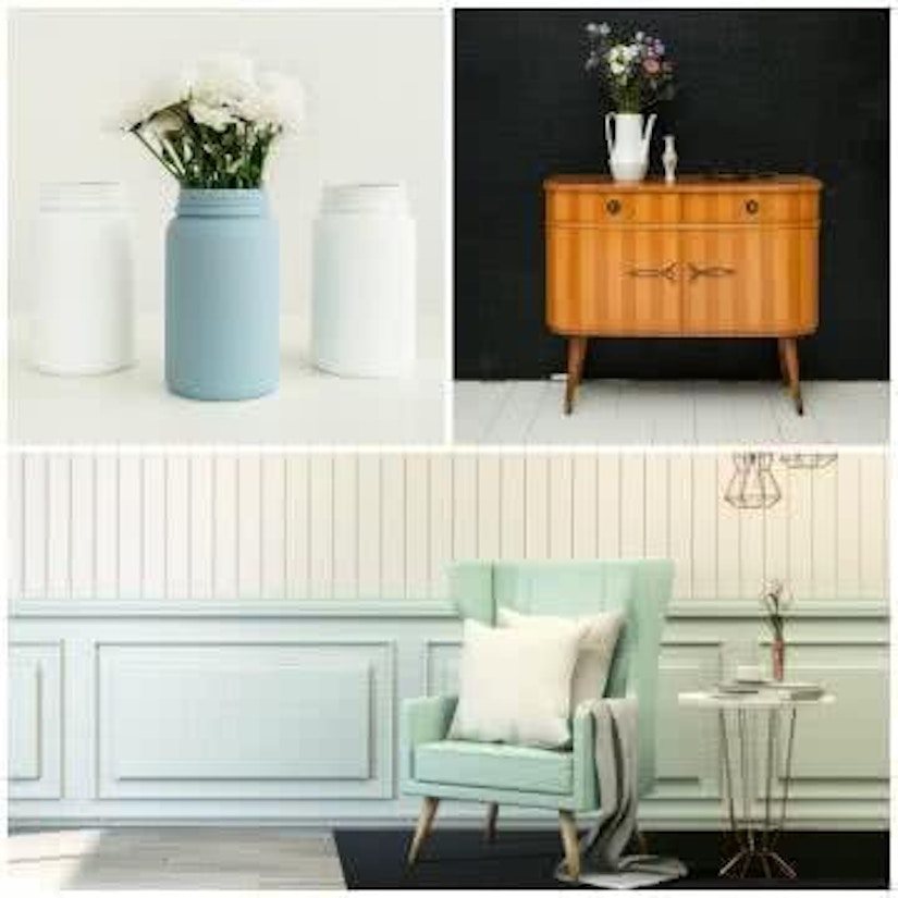 Eine Collage aus Vase, Schrank und Sessel