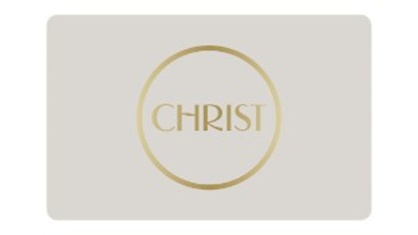 Graue Geschenkkarte mit goldenem CHRIST-Aufdruck auf weißem Hintergrund