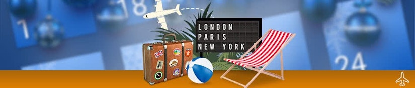 Ein Liegestuhl, ein Koffer, ein Flugzeug und ein Beachball
